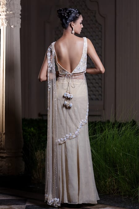 Farha Syed Ivory Beige Pre-Draped Skirt Saree With Blouse 