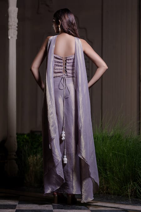 Farha Syed_Purple Chiffon, Tissue Sequins, Beads, Champagne Rose Corset And Drape Skirt Set _Online_at_Aza_Fashions