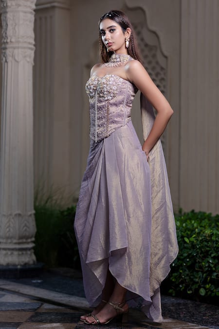 Buy_Farha Syed_Purple Chiffon, Tissue Sequins, Beads, Champagne Rose Corset And Drape Skirt Set _Online_at_Aza_Fashions