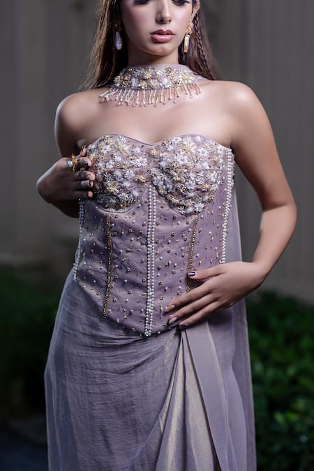Shop_Farha Syed_Purple Chiffon, Tissue Sequins, Beads, Champagne Rose Corset And Drape Skirt Set _Online_at_Aza_Fashions