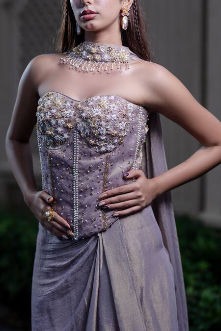 Farha Syed_Purple Chiffon, Tissue Sequins, Beads, Champagne Rose Corset And Drape Skirt Set _at_Aza_Fashions