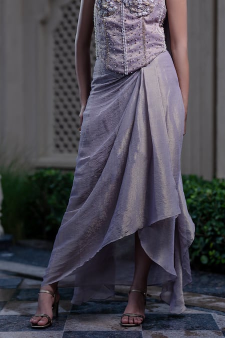 Buy_Farha Syed_Purple Chiffon, Tissue Sequins, Beads, Champagne Rose Corset And Drape Skirt Set 