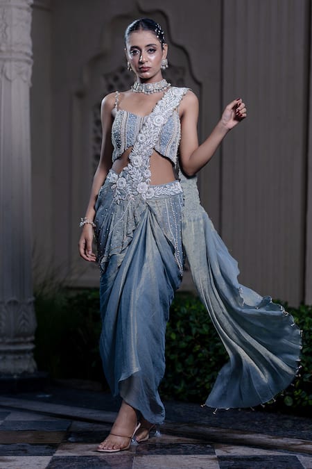 Farha Syed Blue Chiffon, Tissue Pearls, Stones, Ice Embroidered Blouse And Saree Set