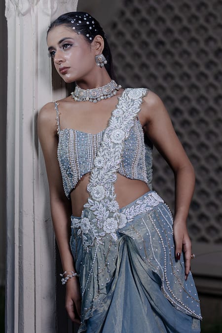 Buy_Farha Syed_Blue Chiffon, Tissue Pearls, Stones, Ice Embroidered Blouse And Saree Set _Online_at_Aza_Fashions