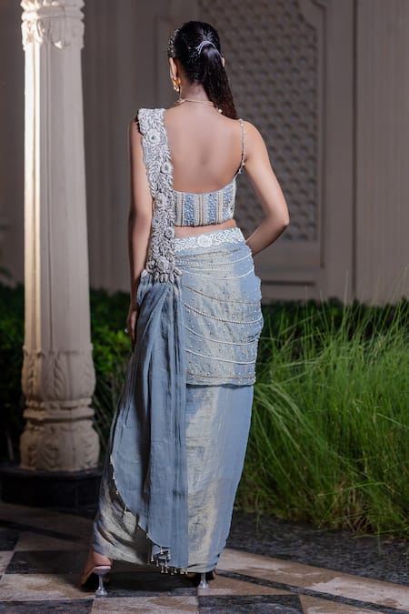 Farha Syed_Blue Chiffon, Tissue Pearls, Stones, Ice Embroidered Blouse And Saree Set _Online_at_Aza_Fashions