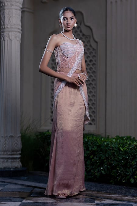 Shop Farha Syed Peach Chiffon, Tissue, Shantoon, Taffeta, Pink Corset Blouse And Pre-draped Saree Online at Aza Fashions Shop_Farha Syed_Peach Chiffon, Tissue, Shantoon, Taffeta, Pink Corset Blouse And Pre-draped Saree _Online_at_Aza_Fashions