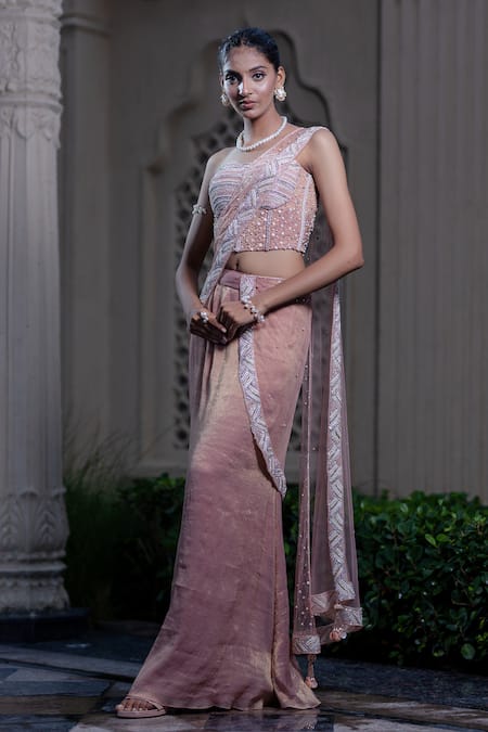 Farha Syed Peach Chiffon, Tissue, Shantoon, Taffeta, Pink Corset Blouse And Pre-draped Saree