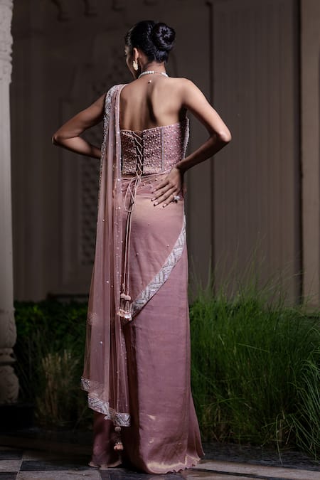 Farha Syed Peach Chiffon, Tissue, Shantoon, Taffeta, Pink Corset Blouse And Pre-draped Saree Online at Aza Fashions Farha Syed_Peach Chiffon, Tissue, Shantoon, Taffeta, Pink Corset Blouse And Pre-draped Saree _Online_at_Aza_Fashions