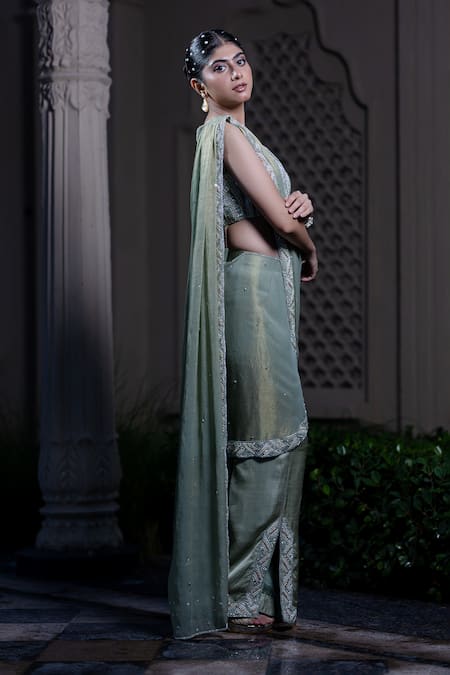 Buy Farha Syed Green Chiffon, Tissue, Silk, Satin, Tulle Beads, Mint Raw Pant Saree Set Online at Aza Fashions Buy_Farha Syed_Green Chiffon, Tissue, Silk, Satin, Tulle Beads, Mint Raw Pant Saree Set _Online_at_Aza_Fashions