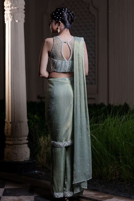 Farha Syed Mint Green Raw Silk Satin Pant Saree Set 