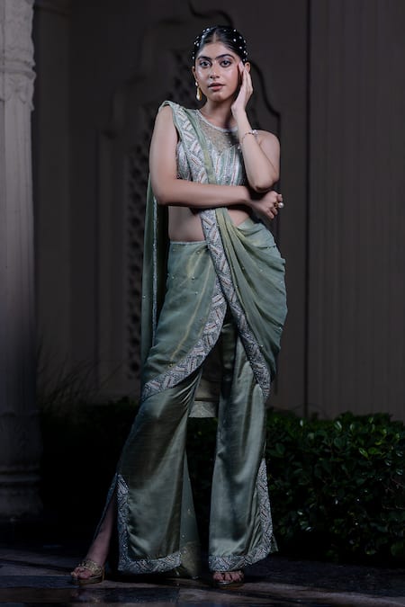 Shop Farha Syed Green Chiffon, Tissue, Silk, Satin, Tulle Beads, Mint Raw Pant Saree Set Online at Aza Fashions Shop_Farha Syed_Green Chiffon, Tissue, Silk, Satin, Tulle Beads, Mint Raw Pant Saree Set _Online_at_Aza_Fashions
