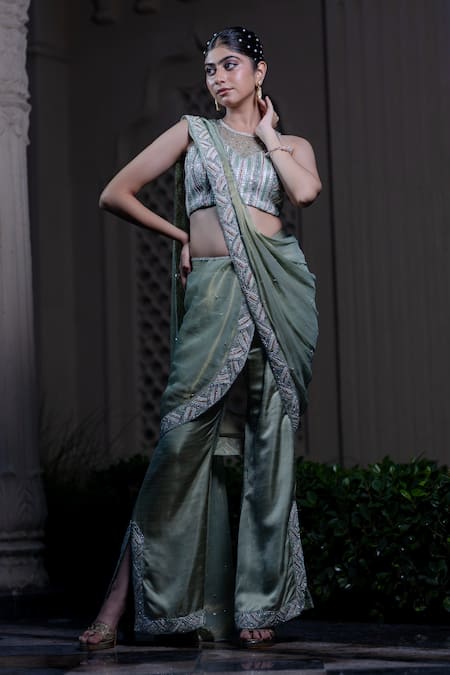 Farha Syed Green Chiffon, Tissue, Silk, Satin, Tulle Beads, Mint Raw Pant Saree Set 