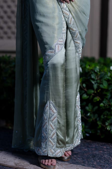 Farha Syed Green Chiffon, Tissue, Silk, Satin, Tulle Beads, Mint Raw Pant Saree Set at Aza Fashions Farha Syed_Green Chiffon, Tissue, Silk, Satin, Tulle Beads, Mint Raw Pant Saree Set _at_Aza_Fashions