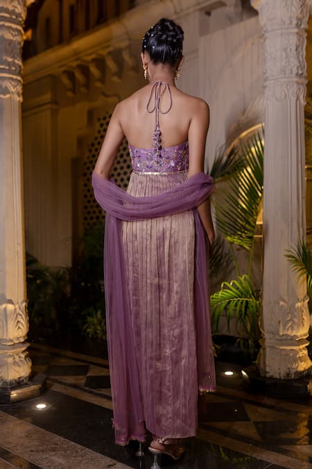 Farha Syed Purple Chanderi Silk, Brocade, Tulle Beads, Lavender Embroidered Kurta Pant Set Online at Aza Fashions Farha Syed_Purple Chanderi Silk, Brocade, Tulle Beads, Lavender Embroidered Kurta Pant Set _Online_at_Aza_Fashions