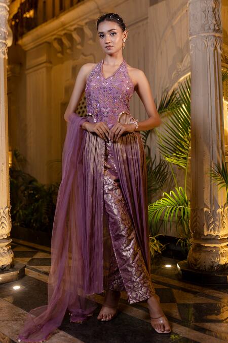 Shop Farha Syed Purple Chanderi Silk, Brocade, Tulle Beads, Lavender Embroidered Kurta Pant Set Online at Aza Fashions Shop_Farha Syed_Purple Chanderi Silk, Brocade, Tulle Beads, Lavender Embroidered Kurta Pant Set _Online_at_Aza_Fashions