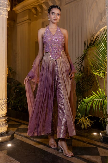 Farha Syed Purple Chanderi Silk, Brocade, Tulle Beads, Lavender Embroidered Kurta Pant Set at Aza Fashions Farha Syed_Purple Chanderi Silk, Brocade, Tulle Beads, Lavender Embroidered Kurta Pant Set _at_Aza_Fashions