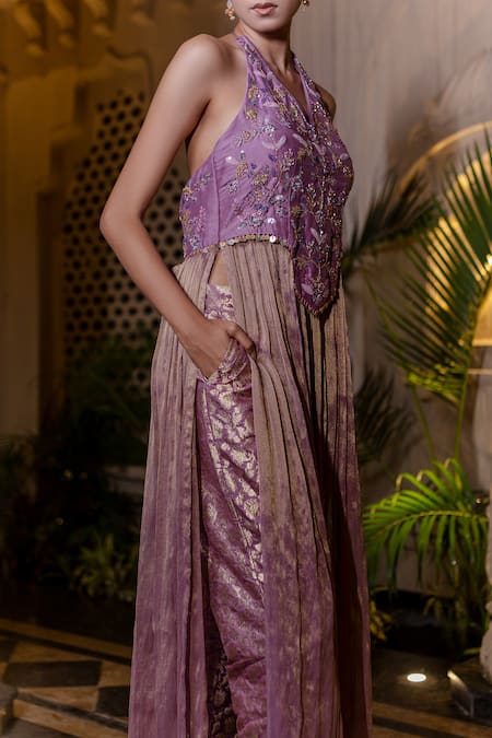 Shop Farha Syed Purple Chanderi Silk, Brocade, Tulle Beads, Lavender Embroidered Kurta Pant Set Shop_Farha Syed_Purple Chanderi Silk, Brocade, Tulle Beads, Lavender Embroidered Kurta Pant Set