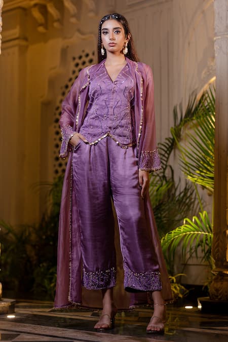 Buy Farha Syed Purple Silk, Satin, Organza Beads, Sequins, Lavender Jacket And Pant Set Online at Aza Fashions Buy_Farha Syed_Purple Silk, Satin, Organza Beads, Sequins, Lavender Jacket And Pant Set _Online_at_Aza_Fashions