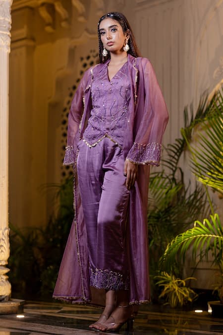 Shop Farha Syed Purple Silk, Satin, Organza Beads, Sequins, Lavender Jacket And Pant Set Online at Aza Fashions Shop_Farha Syed_Purple Silk, Satin, Organza Beads, Sequins, Lavender Jacket And Pant Set _Online_at_Aza_Fashions