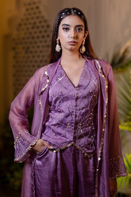 Farha Syed Purple Silk, Satin, Organza Beads, Sequins, Lavender Jacket And Pant Set at Aza Fashions Farha Syed_Purple Silk, Satin, Organza Beads, Sequins, Lavender Jacket And Pant Set _at_Aza_Fashions