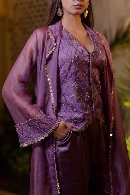 Buy Farha Syed Purple Silk, Satin, Organza Beads, Sequins, Lavender Jacket And Pant Set Buy_Farha Syed_Purple Silk, Satin, Organza Beads, Sequins, Lavender Jacket And Pant Set