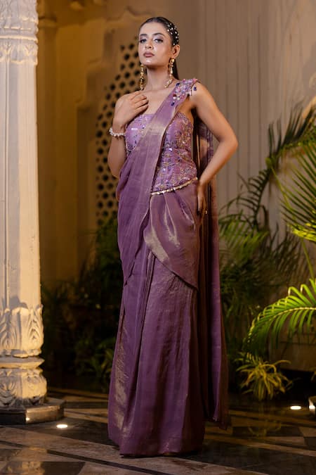 Farha Syed Lavender Chanderi Silk, Tissue Pearls, Beads, Pre-draped Saree And Corset Blouse 