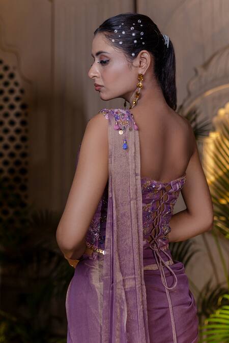 Buy Farha Syed Lavender Chanderi Silk, Tissue Pearls, Beads, Pre-draped Saree And Corset Blouse Online at Aza Fashions Buy_Farha Syed_Lavender Chanderi Silk, Tissue Pearls, Beads, Pre-draped Saree And Corset Blouse _Online_at_Aza_Fashions