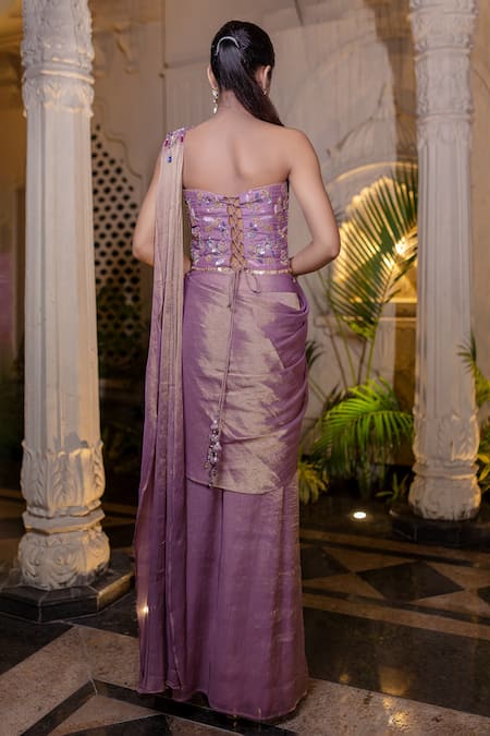 Farha Syed Lavender Chanderi Silk, Tissue Pearls, Beads, Pre-draped Saree And Corset Blouse Online at Aza Fashions Farha Syed_Lavender Chanderi Silk, Tissue Pearls, Beads, Pre-draped Saree And Corset Blouse _Online_at_Aza_Fashions