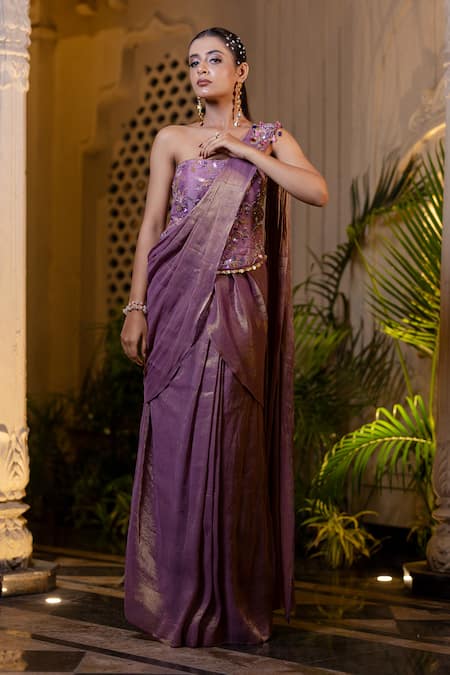 Shop Farha Syed Lavender Chanderi Silk, Tissue Pearls, Beads, Pre-draped Saree And Corset Blouse Online at Aza Fashions Shop_Farha Syed_Lavender Chanderi Silk, Tissue Pearls, Beads, Pre-draped Saree And Corset Blouse _Online_at_Aza_Fashions