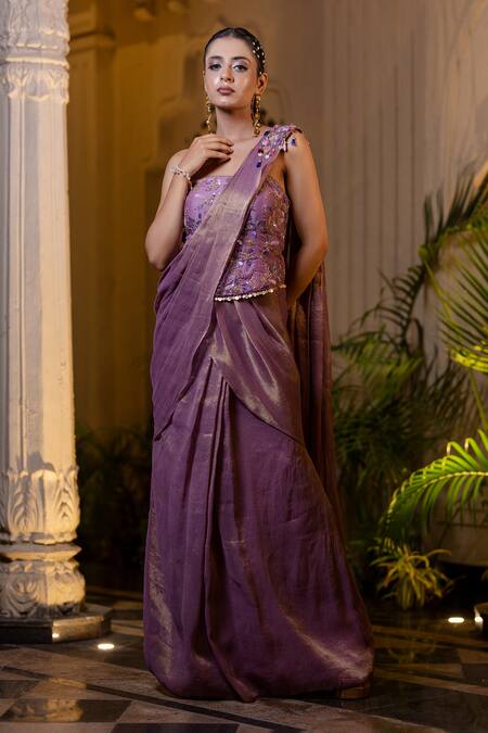 Farha Syed Lavender Chanderi Silk, Tissue Pearls, Beads, Pre-draped Saree And Corset Blouse at Aza Fashions Farha Syed_Lavender Chanderi Silk, Tissue Pearls, Beads, Pre-draped Saree And Corset Blouse _at_Aza_Fashions