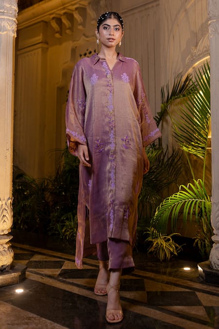 Shop Farha Syed Lavender Chiffon Beads, Sequins, Pearls, Embroidery Collared Hand Kaftan Set Online at Aza Fashions Shop_Farha Syed_Lavender Chiffon Beads, Sequins, Pearls, Embroidery Collared Hand Kaftan Set _Online_at_Aza_Fashions