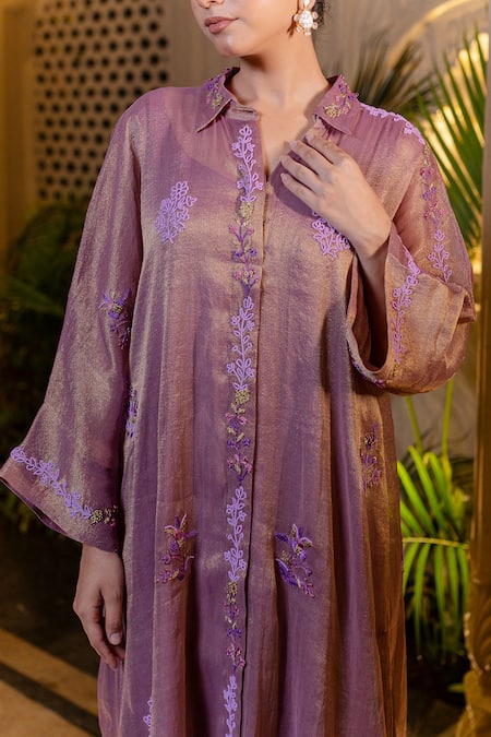 Buy Farha Syed Lavender Chiffon Beads, Sequins, Pearls, Embroidery Collared Hand Kaftan Set Buy_Farha Syed_Lavender Chiffon Beads, Sequins, Pearls, Embroidery Collared Hand Kaftan Set
