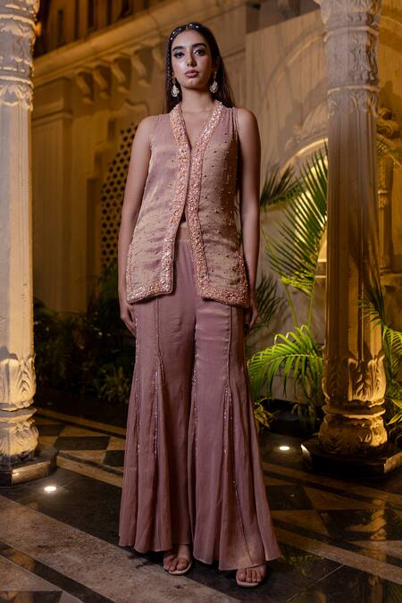 Farha Syed Peach Chiffon, Tissue Beads, Sequins V-neck Pink Jacket And Kalidar Sharara Set Online at Aza Fashions Farha Syed_Peach Chiffon, Tissue Beads, Sequins V-neck Pink Jacket And Kalidar Sharara Set _Online_at_Aza_Fashions