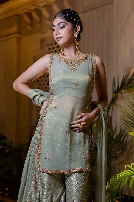 Farha Syed_Green Brocade, Chiffon, Tissue Pearls, Stones, Beads, Mint Sharara Set _Online_at_Aza_Fashions