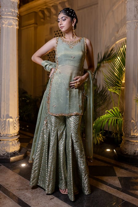 Buy_Farha Syed_Green Brocade, Chiffon, Tissue Pearls, Stones, Beads, Mint Sharara Set _Online_at_Aza_Fashions