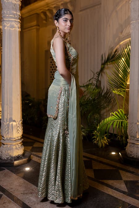 Shop_Farha Syed_Green Brocade, Chiffon, Tissue Pearls, Stones, Beads, Mint Sharara Set _Online_at_Aza_Fashions