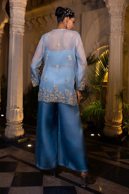 Shop_Farha Syed_Blue Silk Satin, Organza Embroidery Sweetheart Ice Bustier Pant And Jacket Set _at_Aza_Fashions