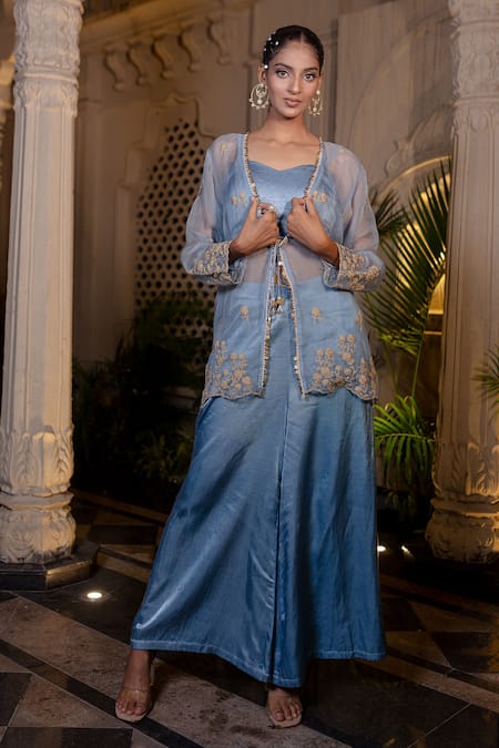 Farha Syed_Blue Silk Satin, Organza Embroidery Sweetheart Ice Bustier Pant And Jacket Set _Online_at_Aza_Fashions