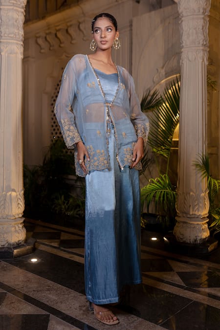 Buy_Farha Syed_Blue Silk Satin, Organza Embroidery Sweetheart Ice Bustier Pant And Jacket Set _Online_at_Aza_Fashions