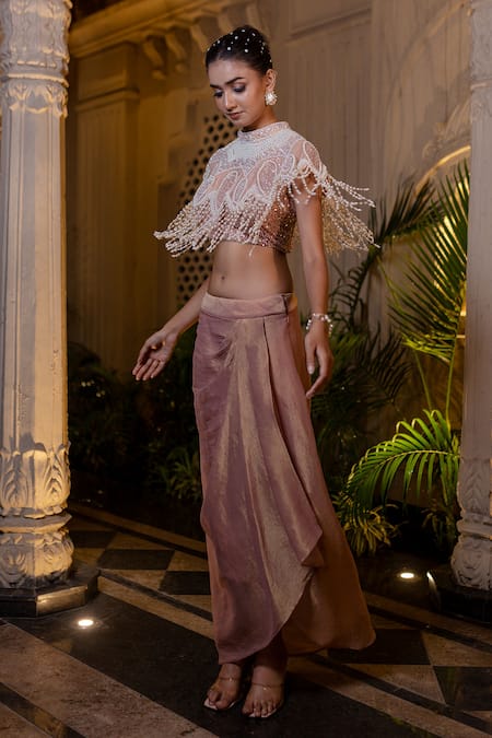 Shop_Farha Syed_Peach Net, Chiffon, Tissue Pearls, Embroidered Cape Bustier Drape Skirt Set _Online_at_Aza_Fashions