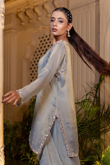 Farha Syed_Blue Tissue, Chiffon Stones, Pearls, Ice Embroidered Kurta And Drape Skirt Set _Online_at_Aza_Fashions