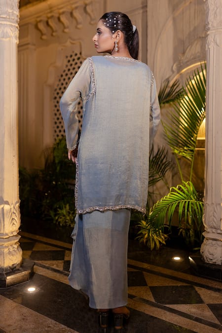 Shop_Farha Syed_Blue Tissue, Chiffon Stones, Pearls, Ice Embroidered Kurta And Drape Skirt Set _at_Aza_Fashions