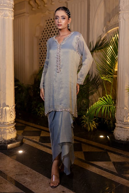 Buy_Farha Syed_Blue Tissue, Chiffon Stones, Pearls, Ice Embroidered Kurta And Drape Skirt Set _Online_at_Aza_Fashions