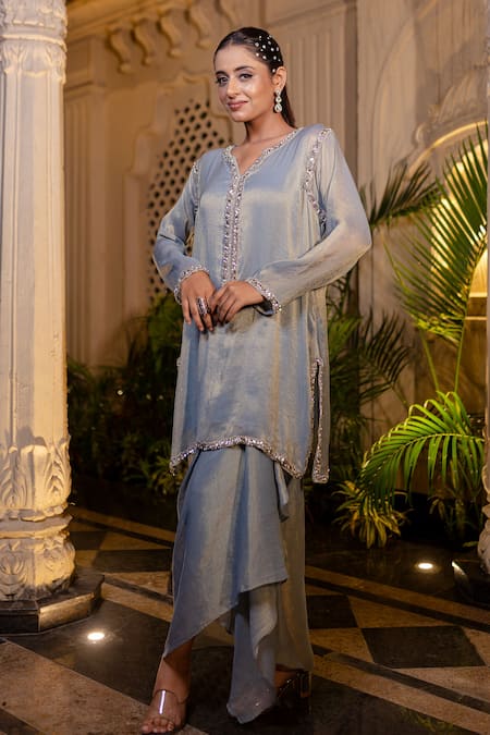 Shop_Farha Syed_Blue Tissue, Chiffon Stones, Pearls, Ice Embroidered Kurta And Drape Skirt Set _Online_at_Aza_Fashions