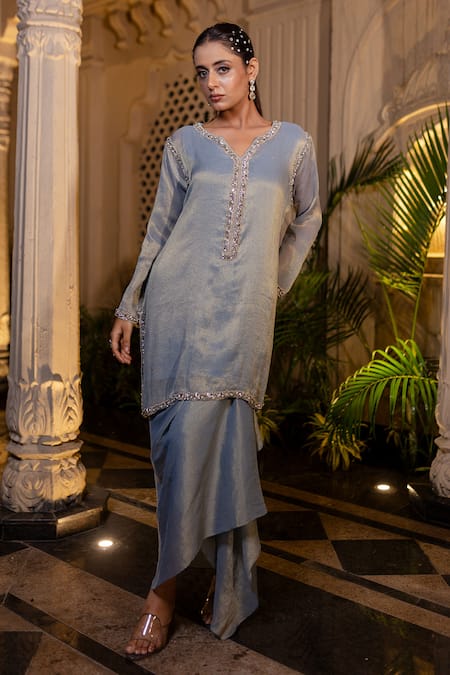 Farha Syed_Blue Tissue, Chiffon Stones, Pearls, Ice Embroidered Kurta And Drape Skirt Set _at_Aza_Fashions