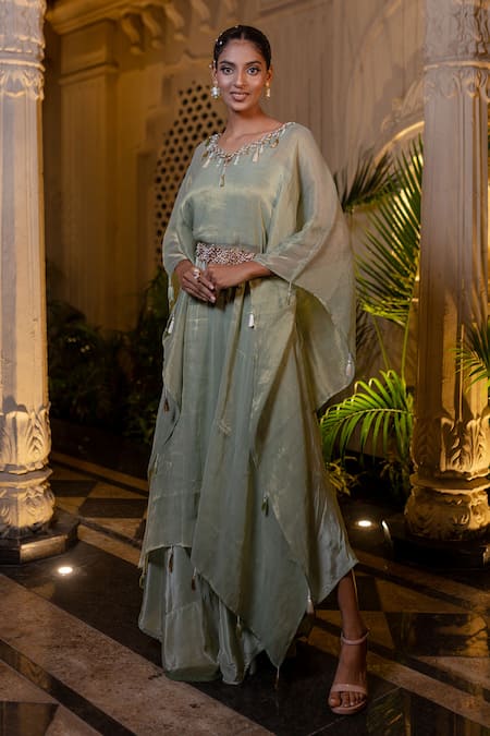 Farha Syed Green Crepe, Tissue, Chiffon Embroidery, Beads, Zari, Pearls, Mint Kaftan Set Online at Aza Fashions Farha Syed_Green Crepe, Tissue, Chiffon Embroidery, Beads, Zari, Pearls, Mint Kaftan Set _Online_at_Aza_Fashions