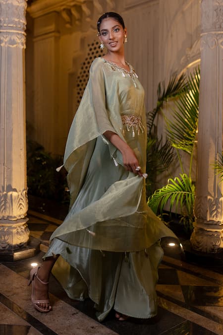 Buy Farha Syed Green Crepe, Tissue, Chiffon Embroidery, Beads, Zari, Pearls, Mint Kaftan Set Online at Aza Fashions Buy_Farha Syed_Green Crepe, Tissue, Chiffon Embroidery, Beads, Zari, Pearls, Mint Kaftan Set _Online_at_Aza_Fashions