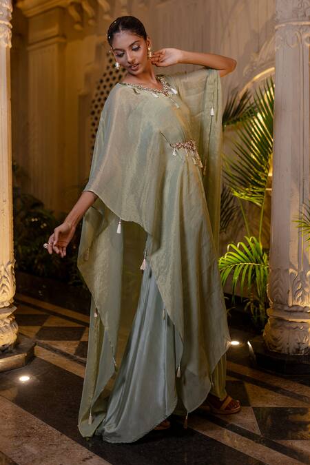 Shop Farha Syed Green Crepe, Tissue, Chiffon Embroidery, Beads, Zari, Pearls, Mint Kaftan Set Online at Aza Fashions Shop_Farha Syed_Green Crepe, Tissue, Chiffon Embroidery, Beads, Zari, Pearls, Mint Kaftan Set _Online_at_Aza_Fashions