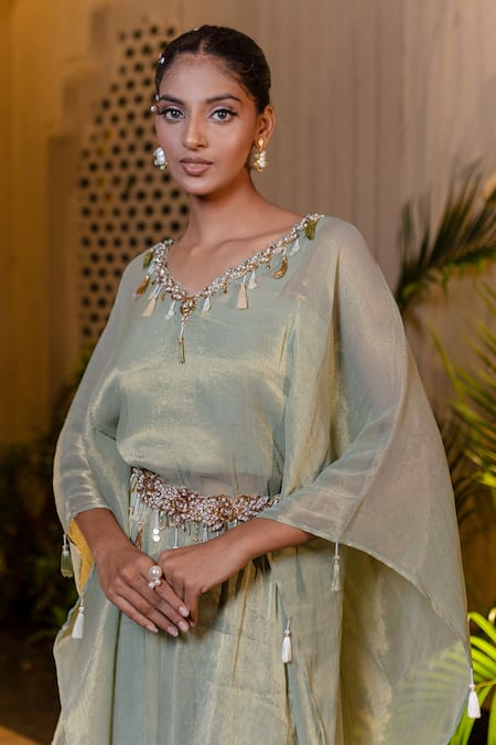 Farha Syed Green Crepe, Tissue, Chiffon Embroidery, Beads, Zari, Pearls, Mint Kaftan Set at Aza Fashions Farha Syed_Green Crepe, Tissue, Chiffon Embroidery, Beads, Zari, Pearls, Mint Kaftan Set _at_Aza_Fashions