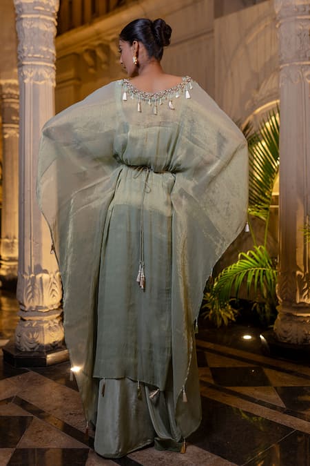 Shop Farha Syed Green Crepe, Tissue, Chiffon Embroidery, Beads, Zari, Pearls, Mint Kaftan Set at Aza Fashions Shop_Farha Syed_Green Crepe, Tissue, Chiffon Embroidery, Beads, Zari, Pearls, Mint Kaftan Set _at_Aza_Fashions